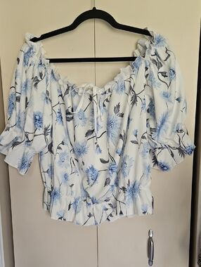 Off-Shoulder White Blouse with Blue Floral Print Sz XL